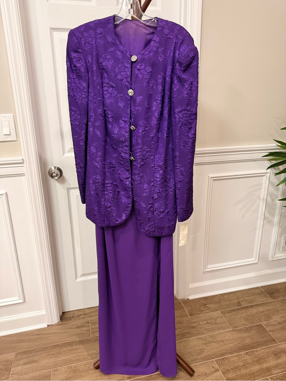 Elegant Purple Maxi Dress with Embroidered Jacket